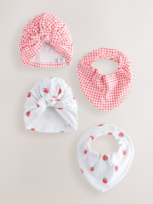 Red Strawberry 4 Piece Baby Turbans And Dibble Bibs Set (0mths-2yrs)