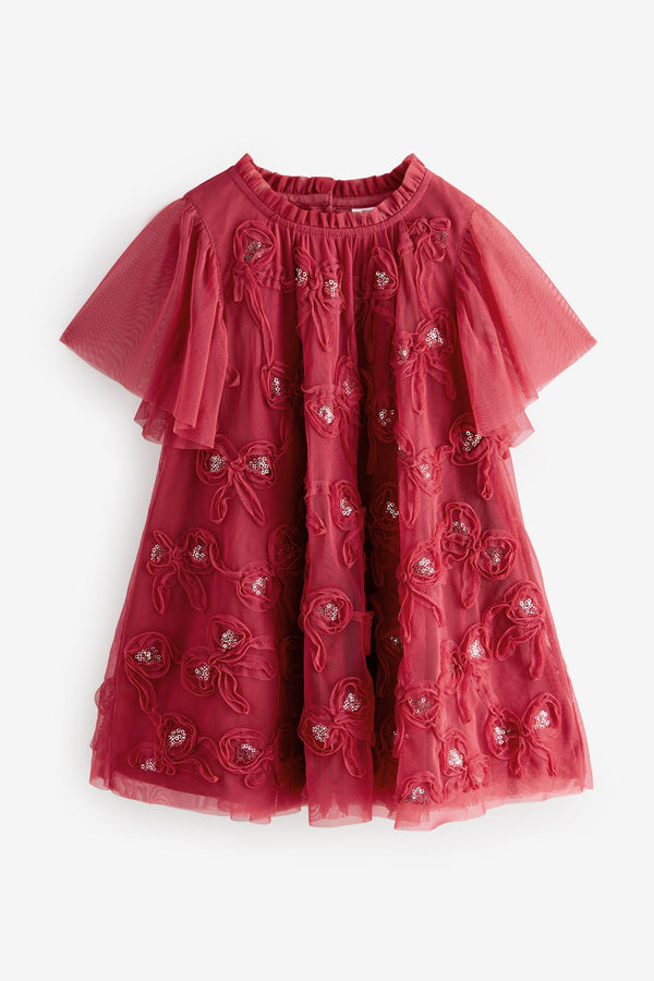 Red Mesh Flower Print  Dress (3mths-7yrs)