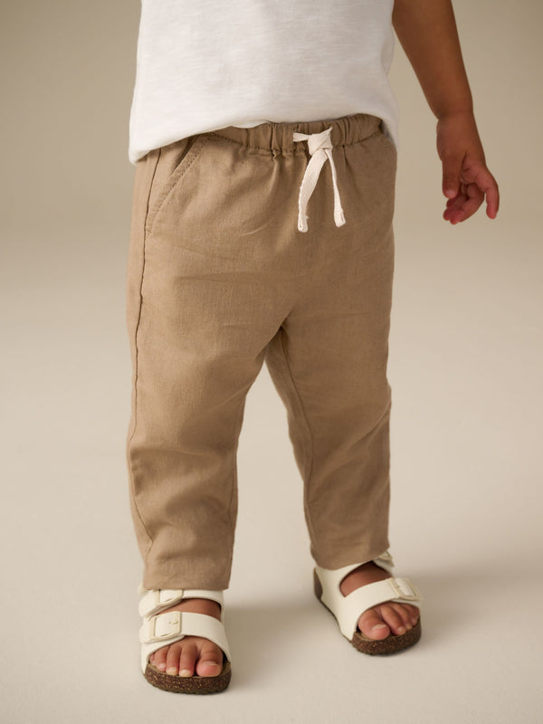 Tan Brown Regular Fit Wide Leg Linen Blend Pull On Trousers (3mths-7yrs)