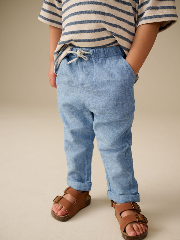 Chambray Blue Regular Fit Wide Leg Linen Blend Pull On Trousers (3mths-7yrs)
