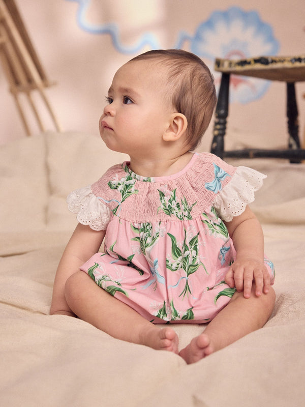 Pink Floral 100% Cotton Printed Baby Broderie Romper