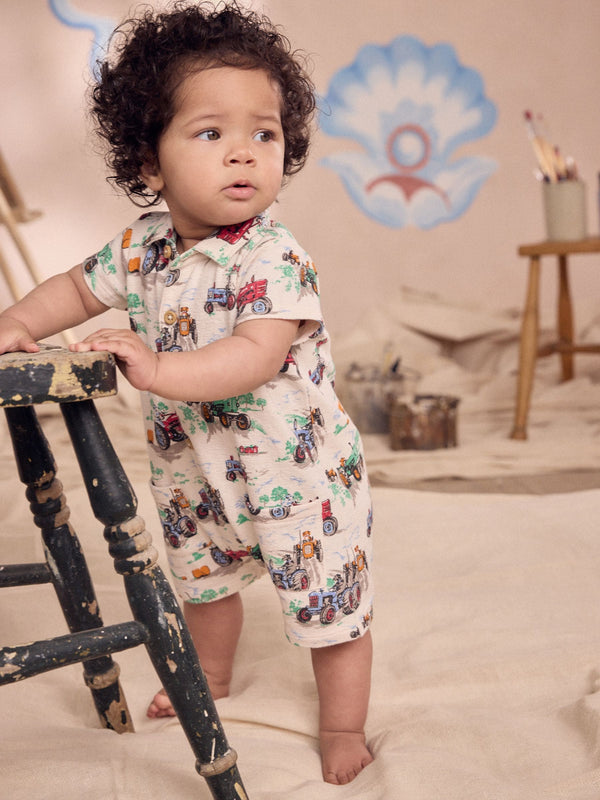Ecru Tractor Printed Collared 100% Cotton Cath Kidston Romper