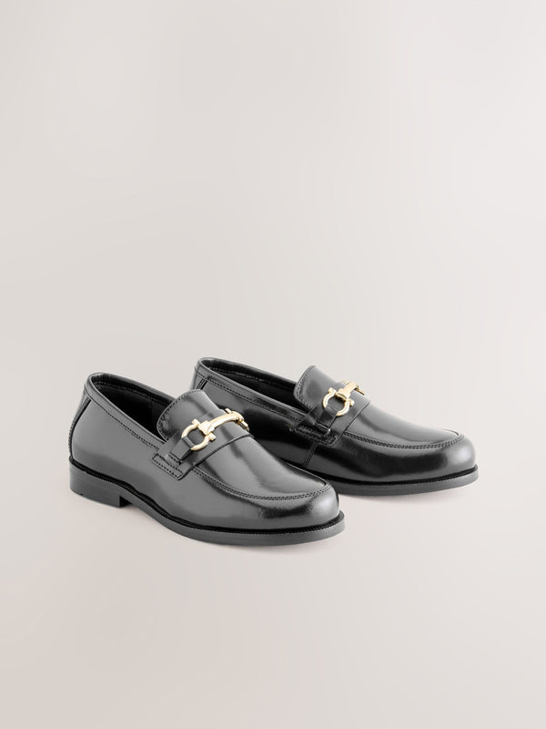 Black with Gold Hardware Leather Loafers