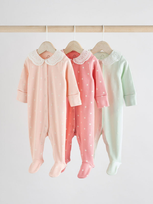 Pink 100% Cotton Collar Baby Sleepsuits 3 Pack (0-2yrs)