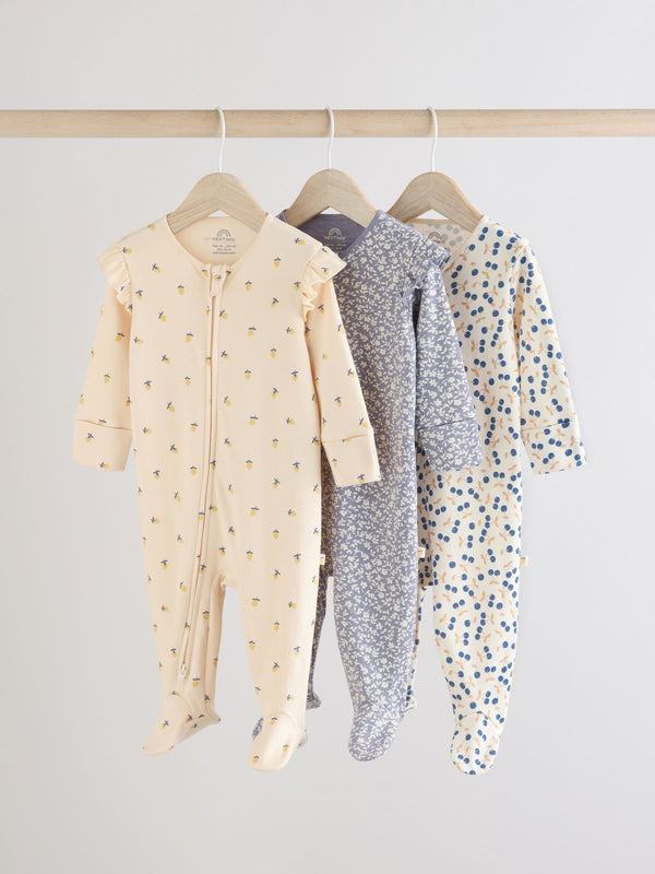 Blue Cherry Two Way Zip Baby Sleepsuits 3 Pack (0-2yrs)