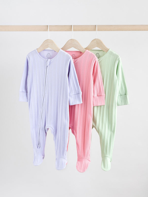 Multi 100% Cotton Rib Baby Two Way Zip Sleepsuits 3 Pack (0mths-2yrs)