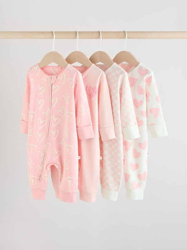 Pink Baby Two Way Zip Footless 100% Cotton Sleepsuits 4 Pack (0mths-3yrs)