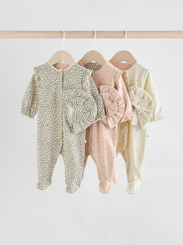 Pink Baby Sleepsuit with Matching 100% Cotton Turbans 3 Pack (0mths-2yrs)