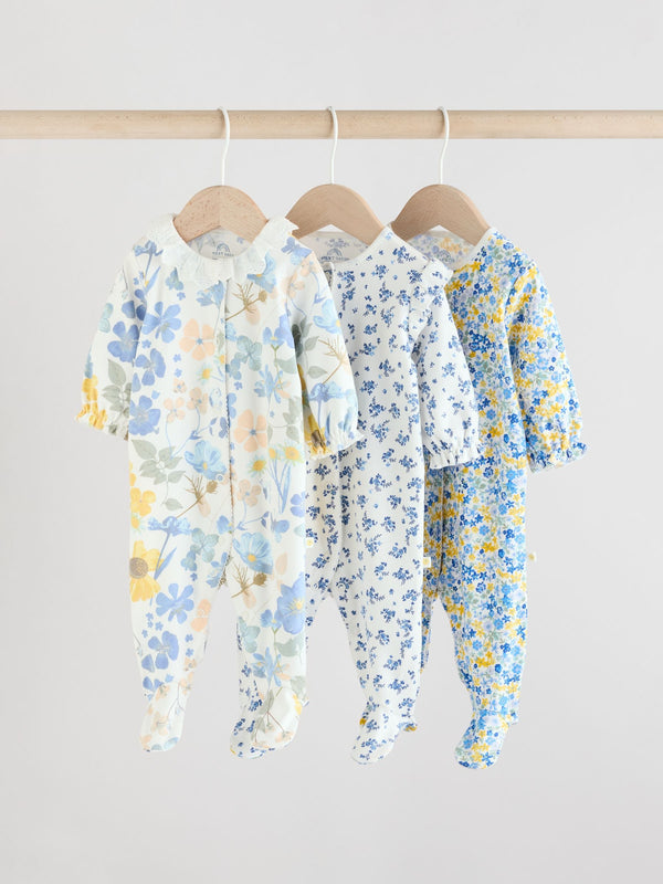 Blue 100% Cotton Collar Floral Baby Sleepsuits 3 Pack (0-2yrs)