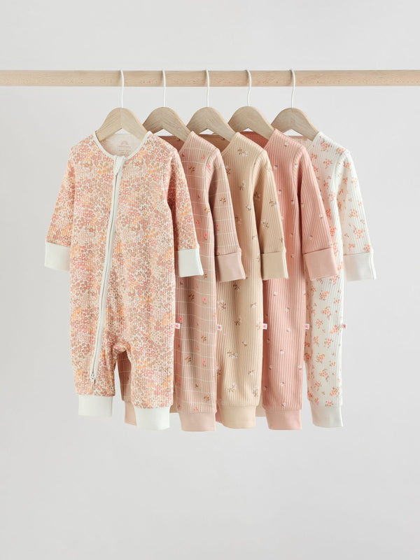 Neutral 100% Cotton Baby Two Way Zip Sleepsuits 5 Pack (0mths-3yrs)