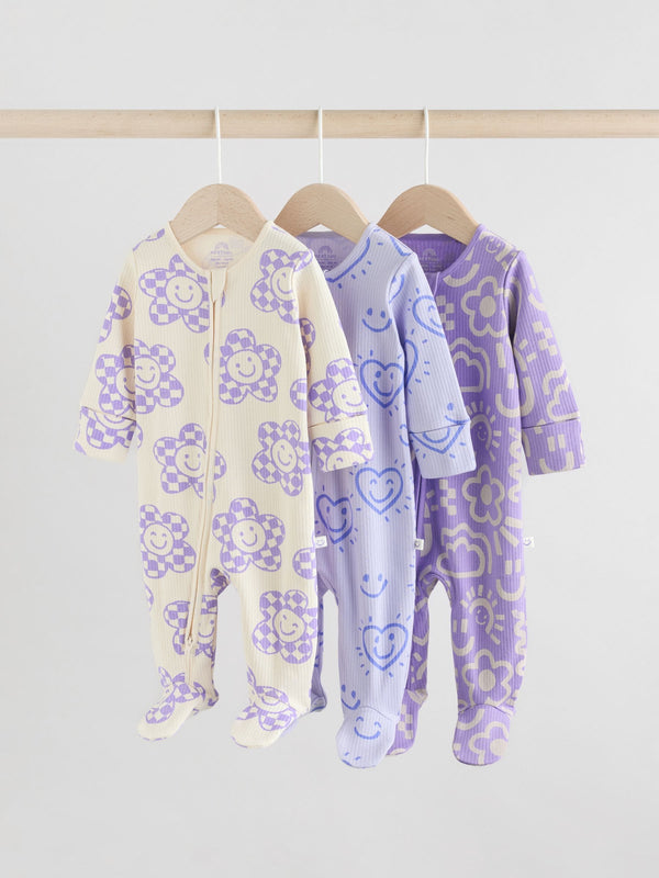Lilac Purple Baby Two Way Zip Floral Print Sleepsuits 3 Pack (0mths-3yrs)