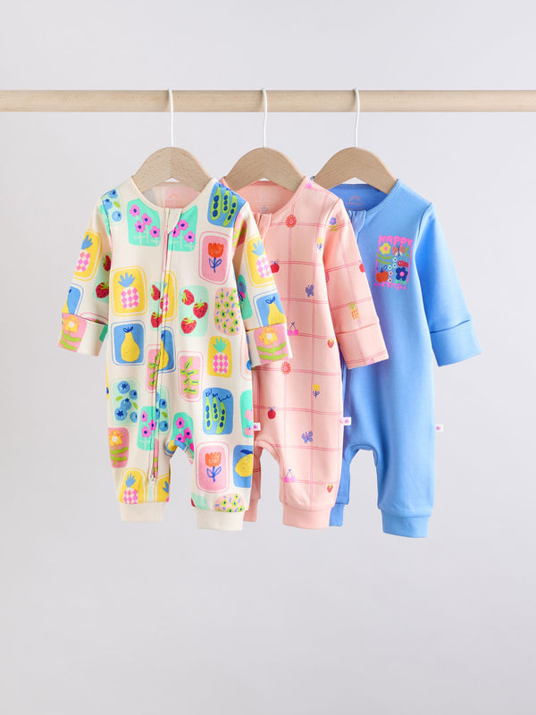 Multi 100% Cotton Two Way Zip Baby Footless Sleepsuits 3 Pack (0mths-3yrs)