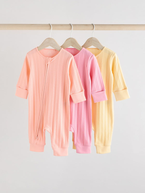 Multi 100% Cotton Rib Baby Two Way Zip Sleepsuits 3 Pack (0mths-3yrs)