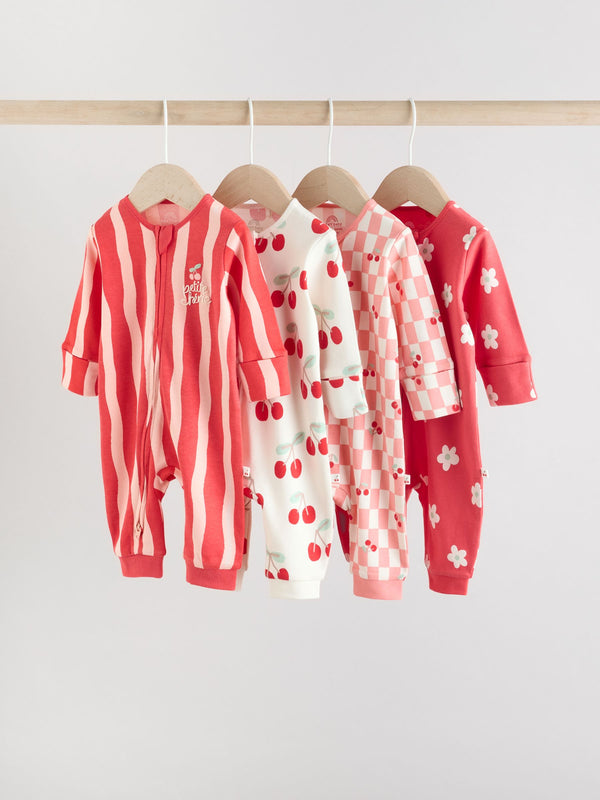 Red Cherry Baby Two Way Zip Footless 100% Cotton Sleepsuits 4 Pack (0mths-3yrs)
