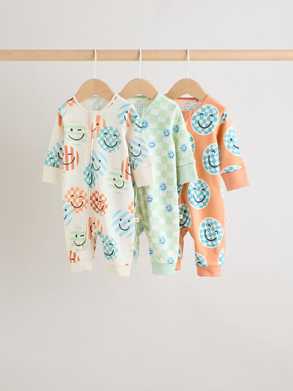 Orange 3 Pack Two Way Zip 100% Cotton Baby Sleepsuits (0mths-3yrs)