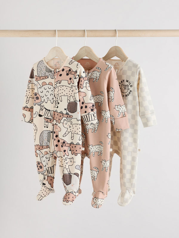 Brown/Cream Baby Two Way Zip Sleepsuits 3 Pack (0-2yrs)
