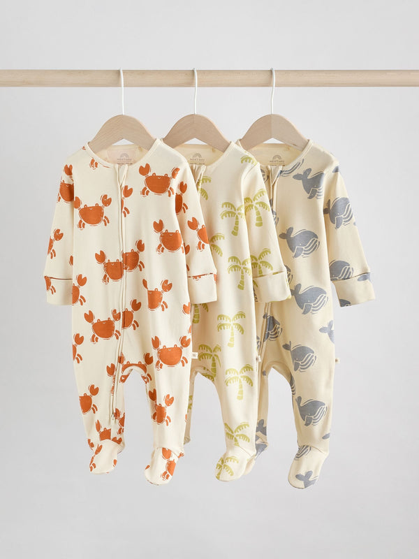 Multi Baby Two Way Zip Sleepsuits 3 Pack (0-2yrs)