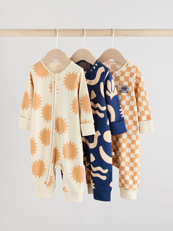 Navy/Camel Baby Two Way Zip Footless Cotton Sleepsuits 3 Pack (0mths-3yrs)