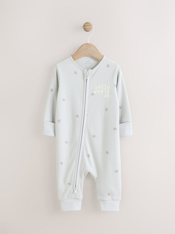 Grey 100% Cotton Hello World Two Way Zip Baby Sleepsuit (0-9mths)