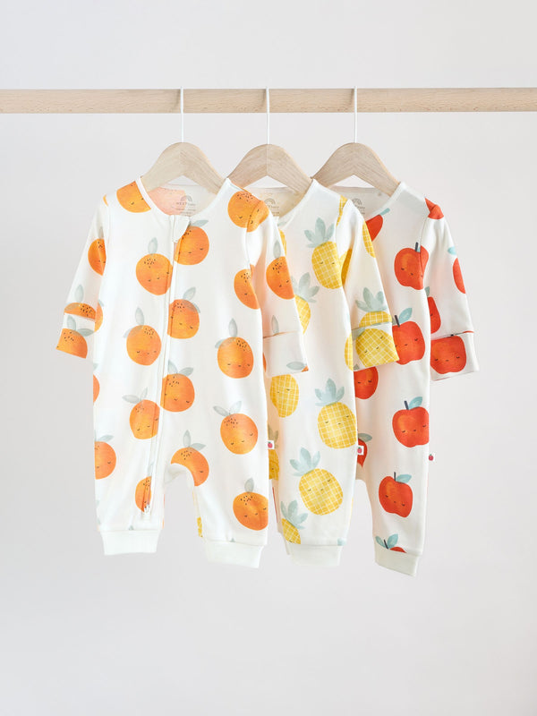 Multi Baby Two Way Zip Fruit Footless 100% Cotton Sleepsuits 3 Pack (0mths-3yrs)