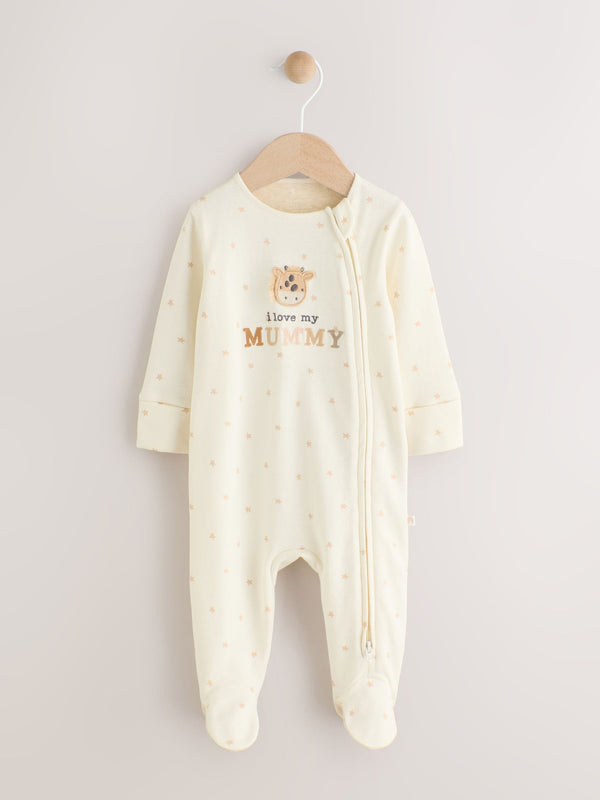 Ecru I Love My Mummy Two Way Zip 100% Cotton Baby Sleepsuit (0-18mths)