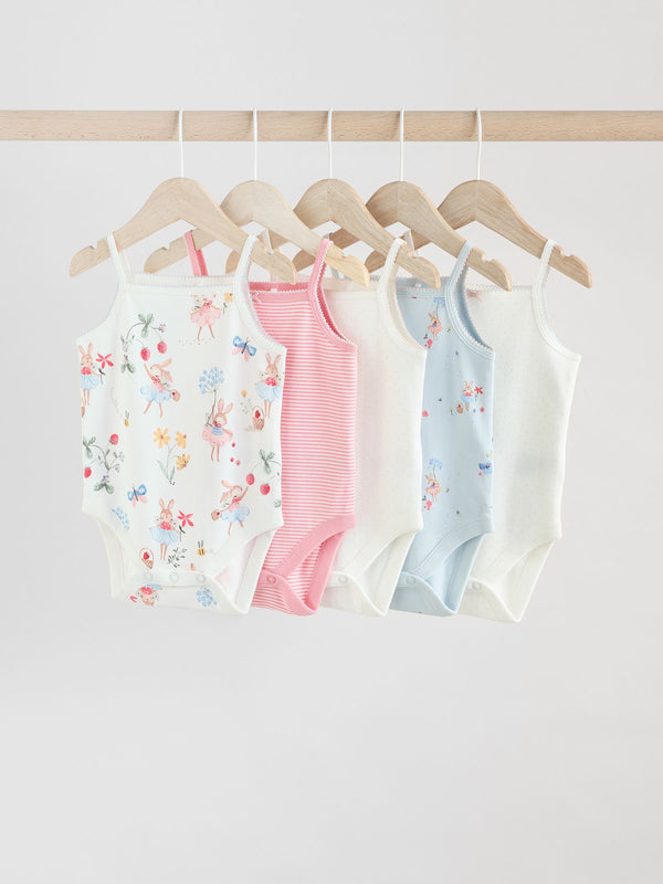 Cream Strawberry Bunny Baby Strappy 100% Cotton Vest Bodysuits 5 Pack