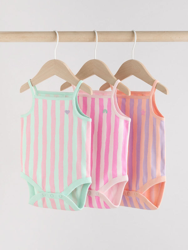 Multi stripe Strappy Vest Baby 100% Cotton Bodysuits 3 Pack