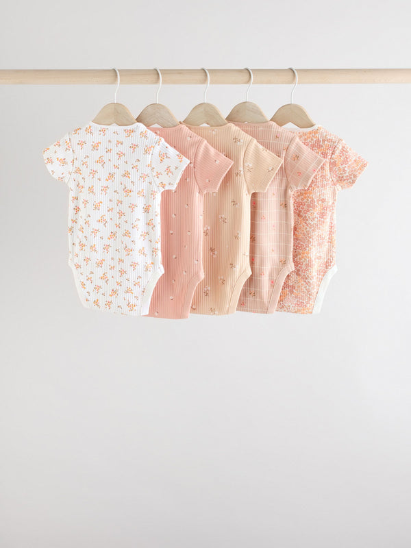 Apricot Ditsy Short Sleeve Baby 100% Cotton Bodysuits 5 Pack
