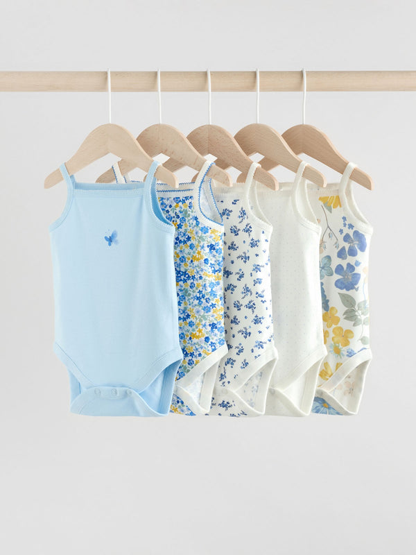 Blue Ditsy Baby Strappy Vest 100% Cotton Bodysuit 5 Pack