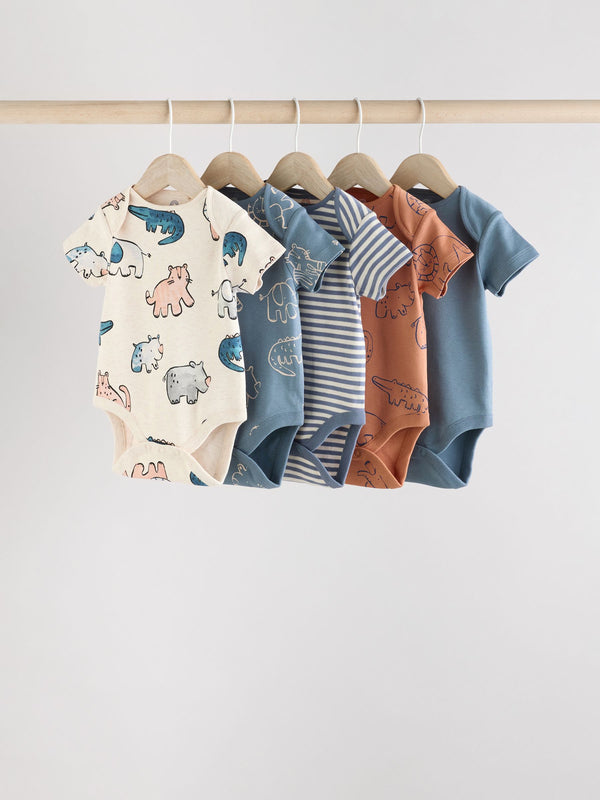 Navy/ Tan Brown Safari 100% Cotton Short Sleeve Baby Bodysuits 5 Pack