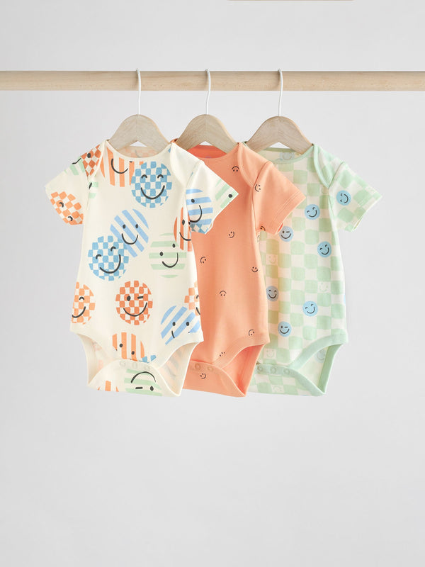 Blue/White/Orange Happy Face Short Sleeve Baby Bodysuits 3 Pack
