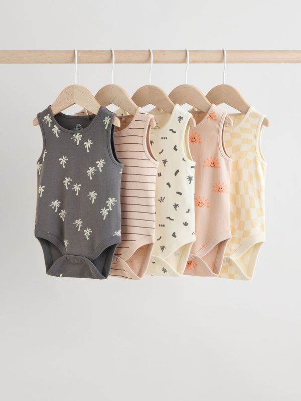 Monochrome/Cream Tropical Print Baby Vest Bodysuits 5 Pack