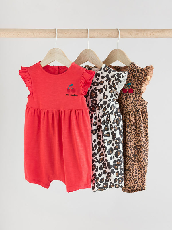 Leopard Print 3 Pack Frill Shoulder Baby Rompers