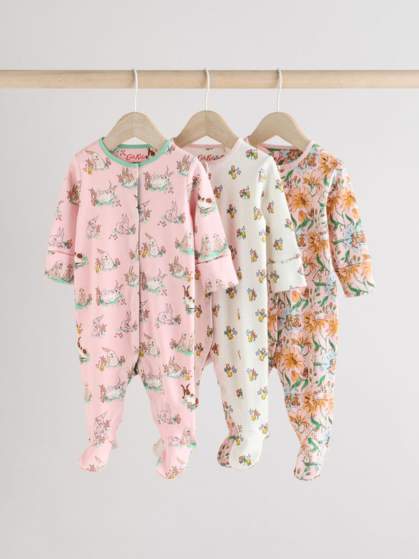 Pink/Ecru Cath Kidston Floral Baby 100% Cotton Sleepsuits 3 Pack