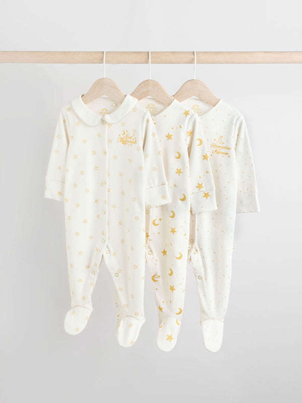 White Eid/Ramadan Kareem Baby Collar Sleepsuits 3 Pack (0mths-2yrs)