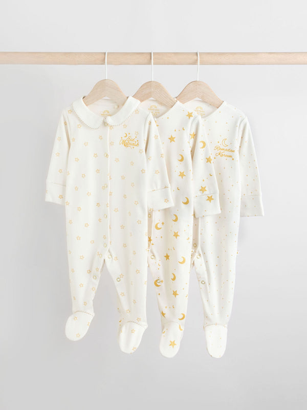 White 3 Pack Eid Kareem Baby Collar Sleepsuits(immediate)