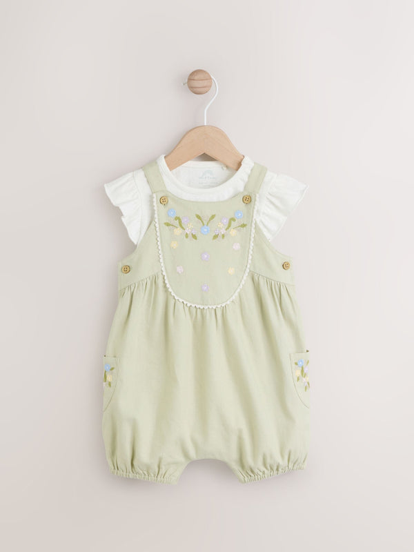 Sage Green Embroidered Floral Short Sleeve 100% Cotton Bodysuit And Leg Baby Dungaree Set (0mths-2yrs)