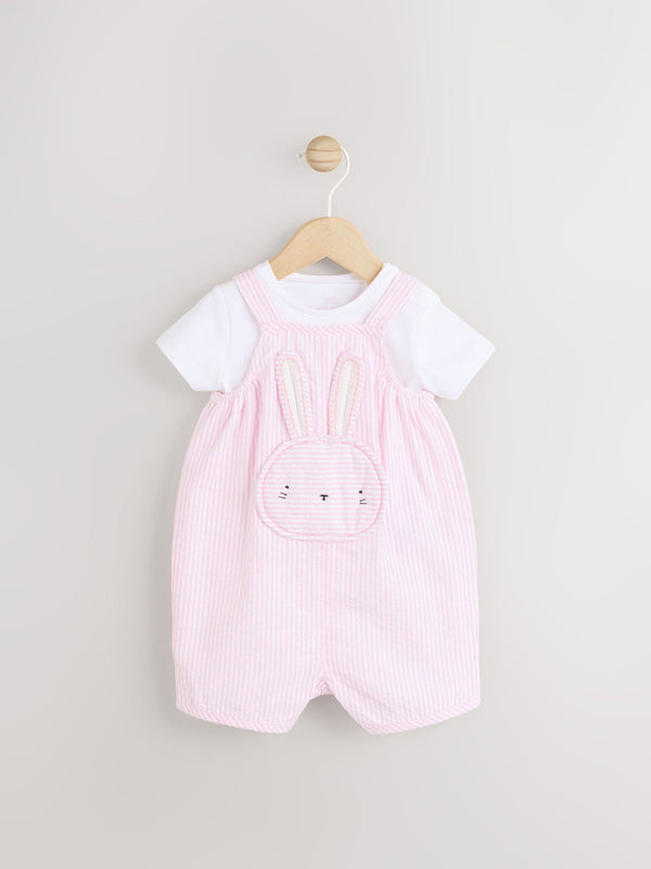 Pink Bunny Face Short Sleeve 100% Cotton Bodysuit And Leg Baby Dungaree Set (0mths-2yrs)