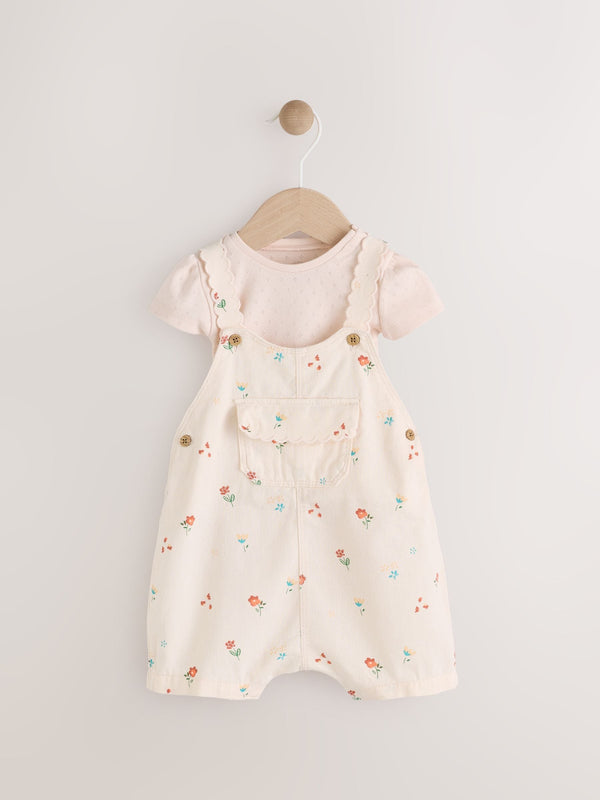 White Floral Baby Short Sleeve Bodysuit and Dungarees Set (0mths-2yrs)