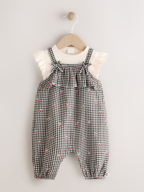 Black/White Gingham Cherry Baby Short Sleeve Bodysuit and Dungaree Set (0mths-2yrs)