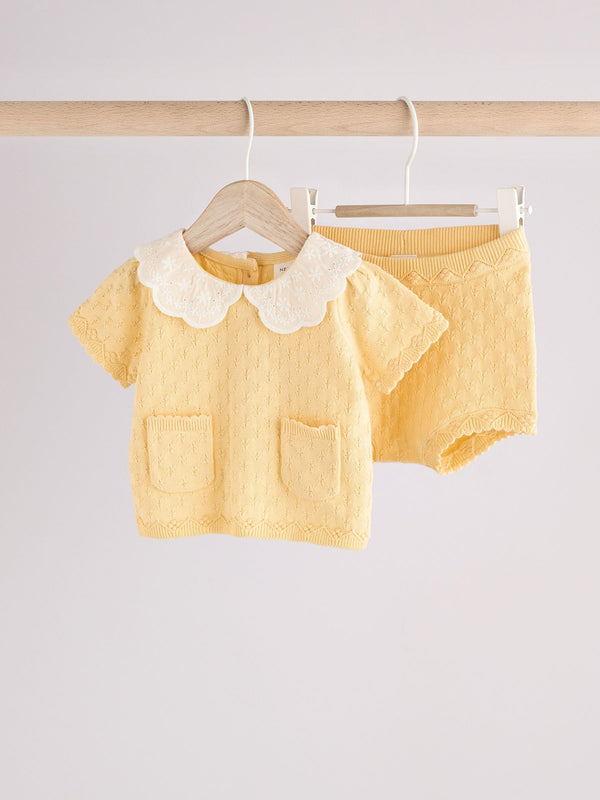 Yellow Embroidered Collar 100% Cotton Knitted Baby Top and Shorts Set (0mths-2yrs)
