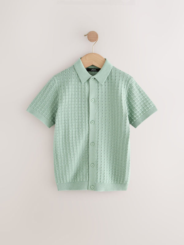 Mineral Green Short Sleeve Knitted Button Through 100% Cotton Polo Shirt (3-16yrs)
