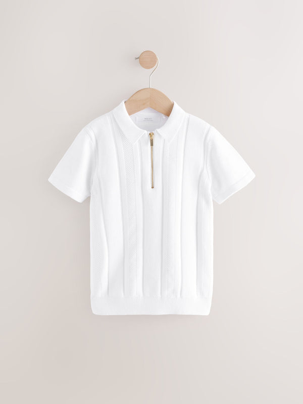 White Knitted Zip Neck Polo Shirt (3-16yrs)