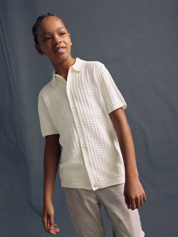 Ecru White Short Sleeve Knitted Button Through 100% Cotton Polo Shirt (3-16yrs)