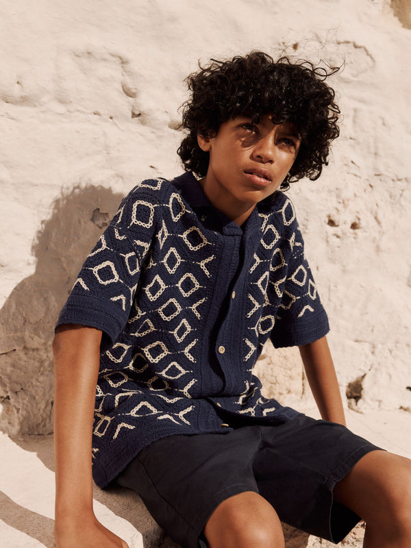 Navy Blue Crochet Short Sleeve Button Through Knitted Polo Shirt (3-14yrs)