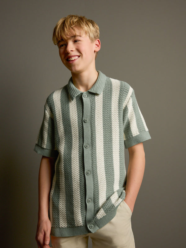 Green/Ecru Vertical Stripe Short Sleeve Button Through Knitted 100% Cotton Polo Shirt (3-16yrs)