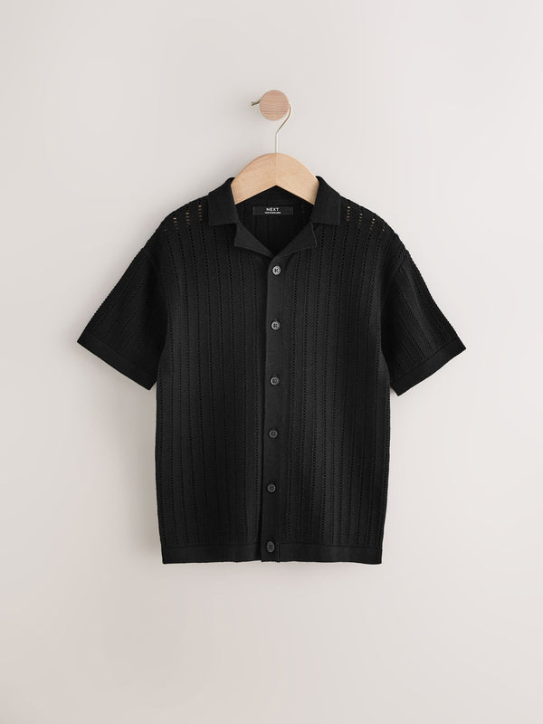 Black Button Through Short Sleeve Knitted Polo Shirt (3-16yrs)