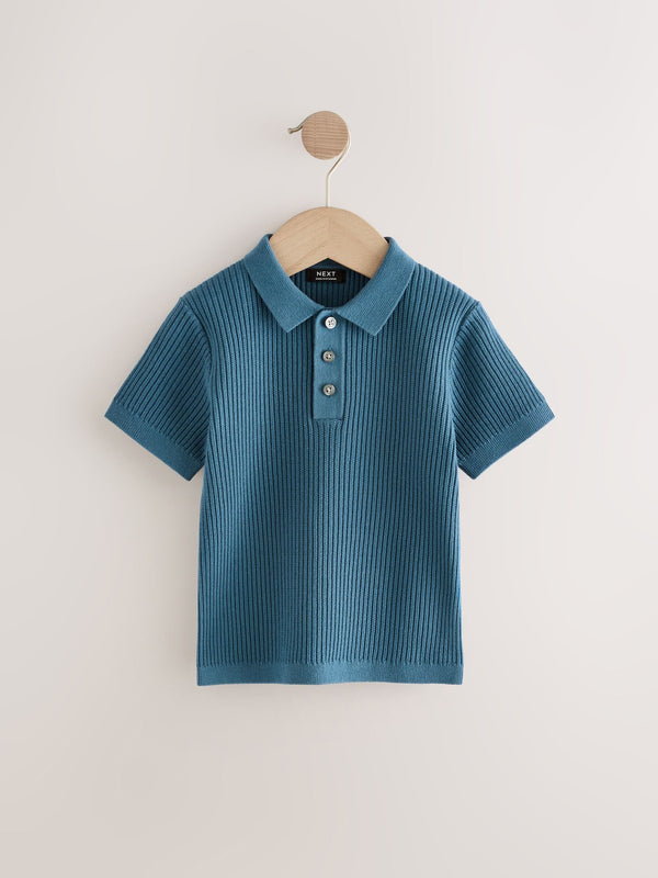 Blue Button Neck Knitted 100% Cotton Polo Shirt (3mths-7yrs)