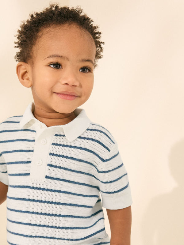 Navy Blue/White Button Neck Knitted 100% Cotton Polo Shirt (3mths-7yrs)