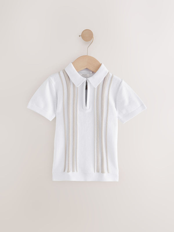 White Vertical Stripe 100% Cotton Knitted Zip Neck Polo Shirt (3mths-7yrs)